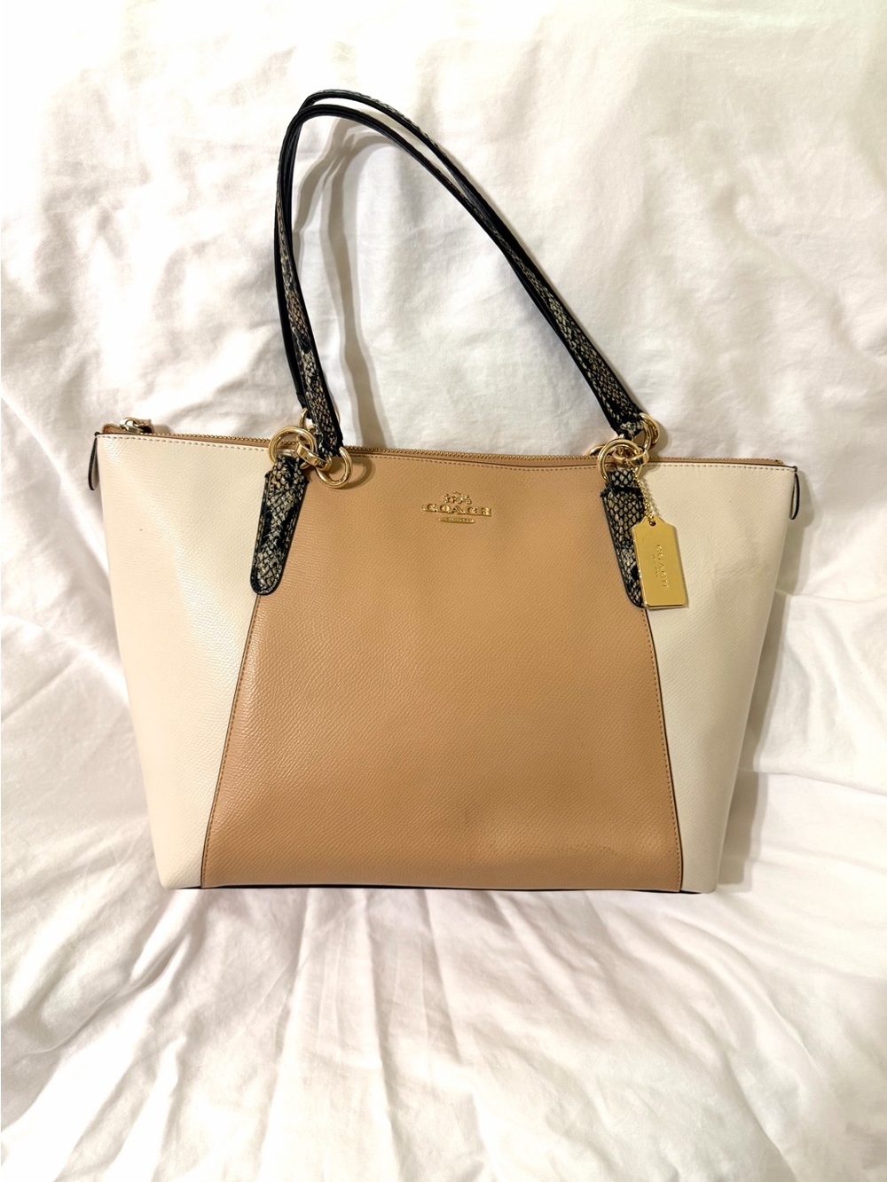Coach Two-Tone Beige & Cream Tote with Snake-Print Straps